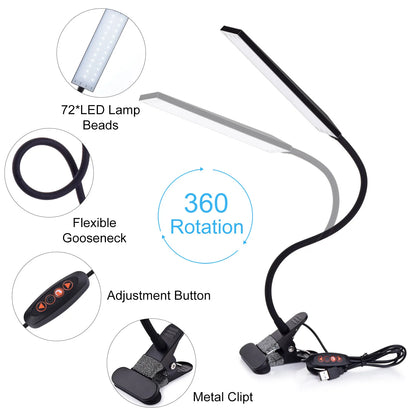 5W LED Clip on Desk Lamp with 3 Modes 11 Brightness  2M Cable Dimmer 14 Levels Clamp Table Lamp