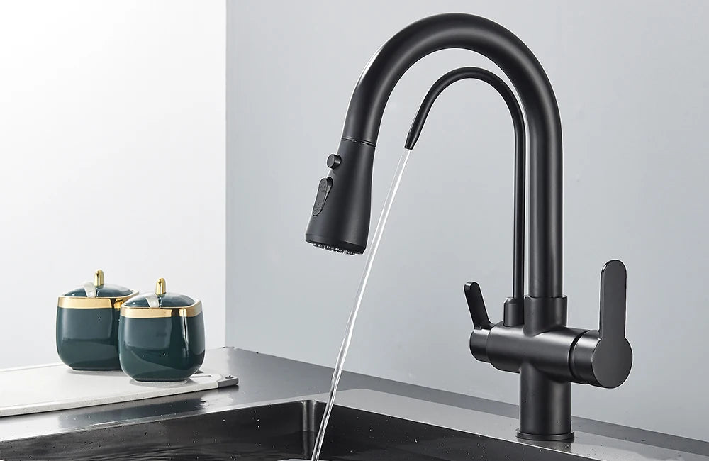 Quyanre Matte Black Filtered Crane For Kitchen Pull Out Spray 360 Rotation Water Sink Mixer Kitchen Faucet