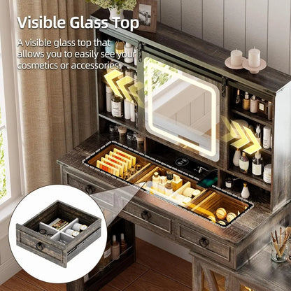 60"W Farmhouse Makeup Vanity Desk with Sliding Mirror and Lights,