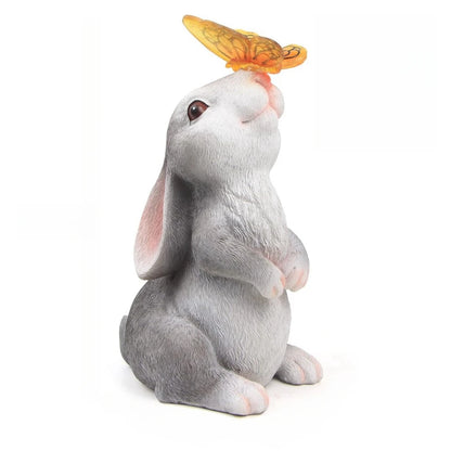 Solar Bunny Statue Garden Decor with Butterfly LED Light Resin Animal Figurine for Garden Courtyard
