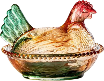 Glass Hen on Nest Candy Dish with Lid, Pastoral  Candy Bowl  with Lid,Muti-Color