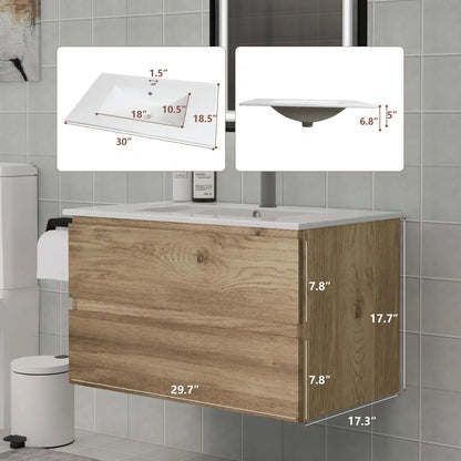 30" Space-Saving Floating Bathroom Vanity with Sink, 2 Soft-Close Drawers Modern Bathrooms
