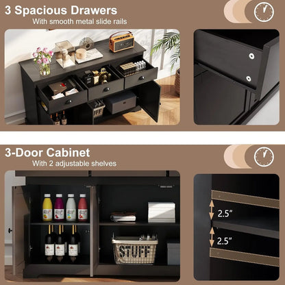 Kitchen Buffet Sideboard, Wood Storage Cabinet w/ 3 Drawers and 2 Cupboards,