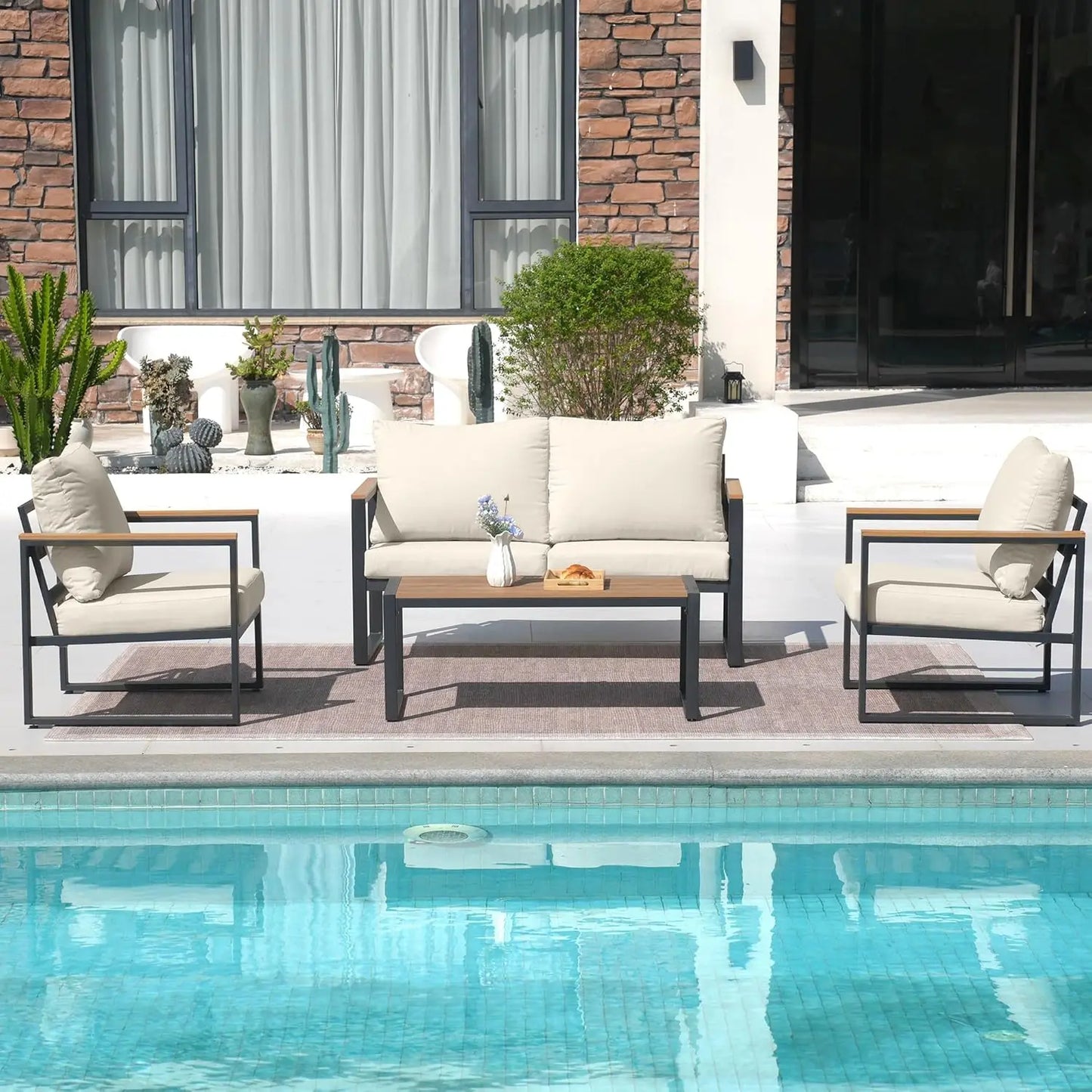 Patio Furniture Set, 4 Pieces Outdoor Patio Furniture with Coffee Table Set