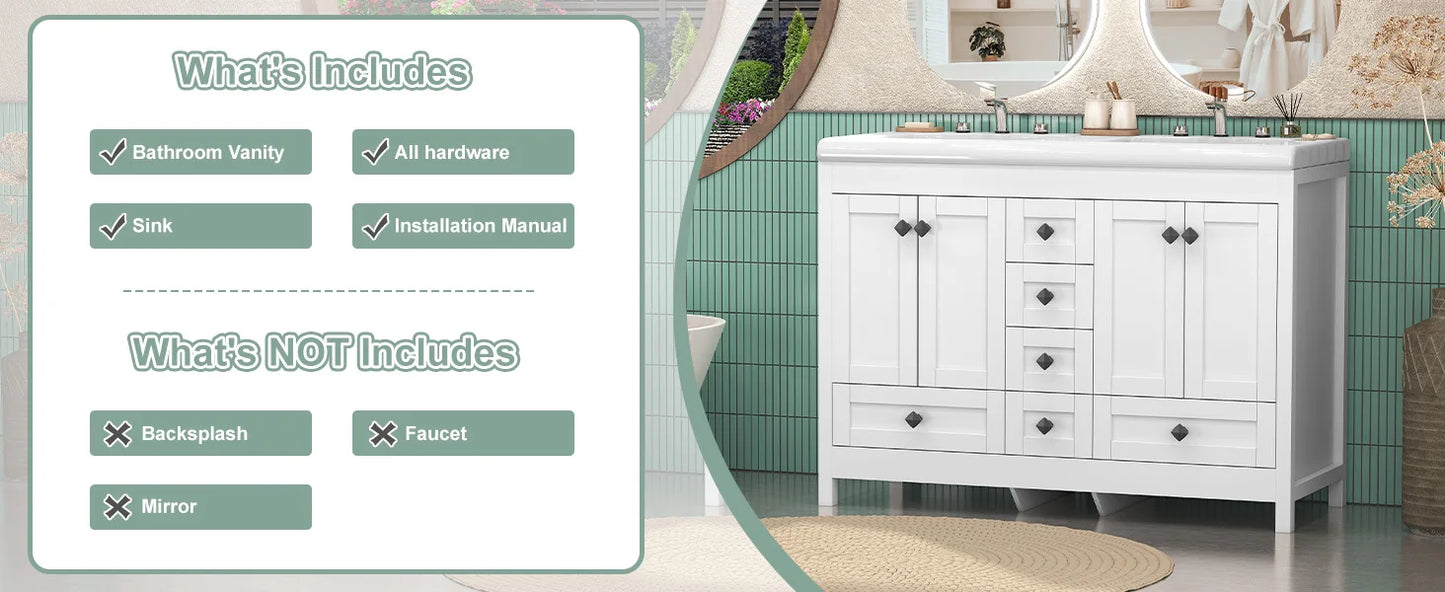 47'' Double-Sink Freestanding Vanity with Drawers & Cabinet White Modern Bathroom Storage Vanity 2 colors White & Black
