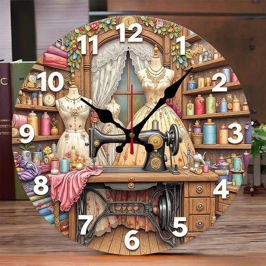 Vintage Sewing Machine Wooden Round Silent Hanging Wall