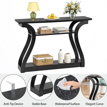Wood Console Table 3 Tier Narrow Entryway Table with Curved Frame and 2 Open Storage Shelves