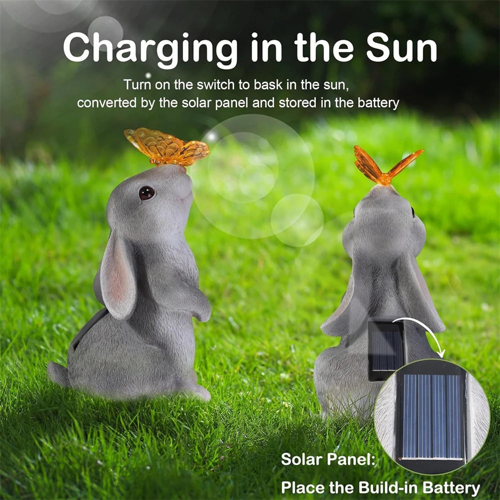 Solar Bunny Statue Garden Decor with Butterfly LED Light Resin Animal Figurine for Garden Courtyard
