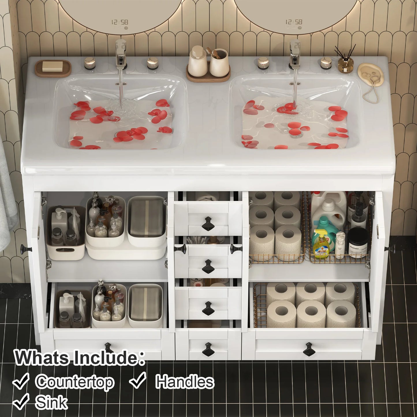 47'' Double-Sink Freestanding Vanity with Drawers & Cabinet White Modern Bathroom Storage Vanity 2 colors White & Black