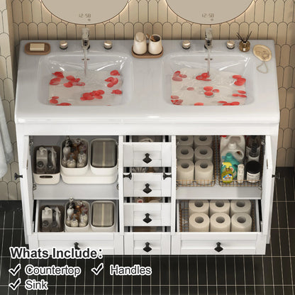 47'' Double-Sink Freestanding Vanity with Drawers & Cabinet White Modern Bathroom Storage Vanity 2 colors White & Black