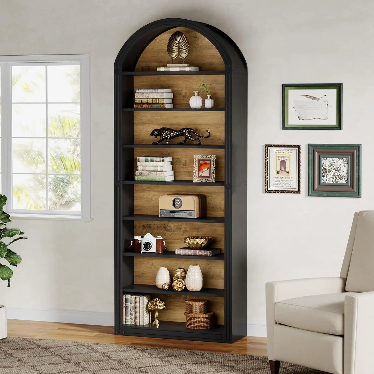 Modern Arched Bookcase with Storage, Standing Open Display Shelving