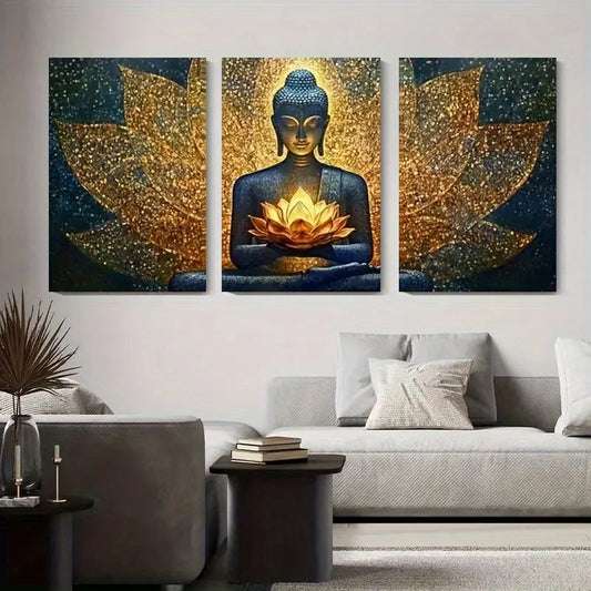 2D Flat 3pcs Framed Canvas Wall Art Lotus Figure