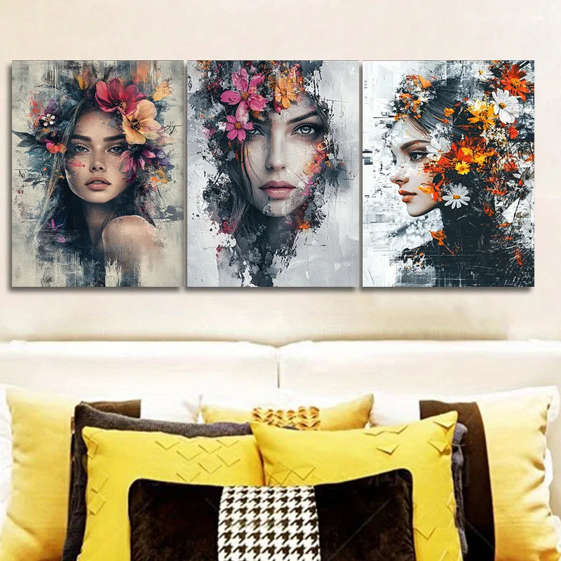2D Flat, 3pcs wooden framed canvas painting