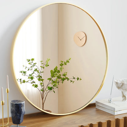 JHK 30 Inch Large Gold Round Vanity Framed Mirror for Wall