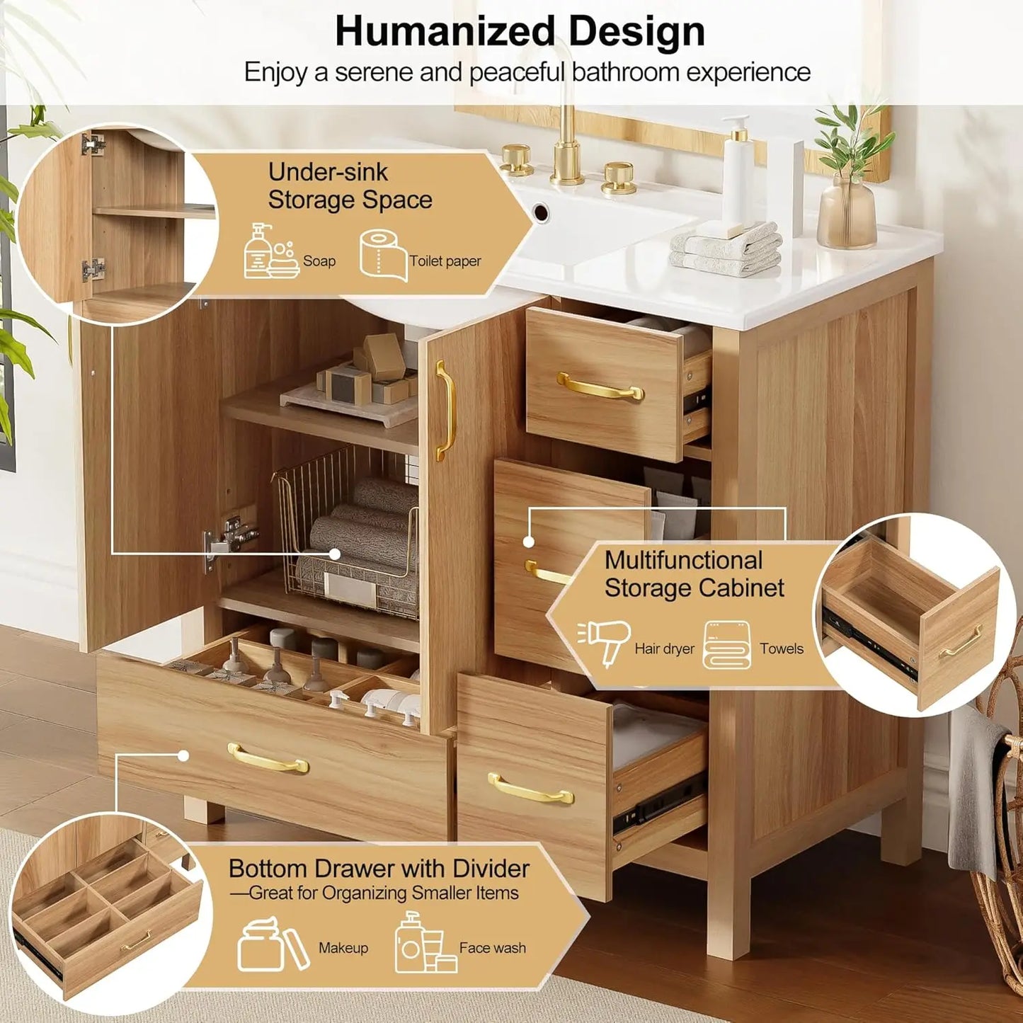 36in Wood Bathroom Vanity with Sink 3 Drawer Storage Adjustable Shelf Natural, Customized,  6 different colors