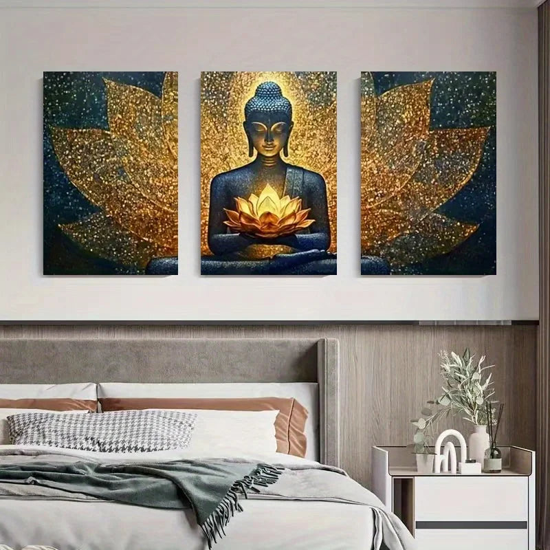 2D Flat 3pcs Framed Canvas Wall Art Lotus Figure