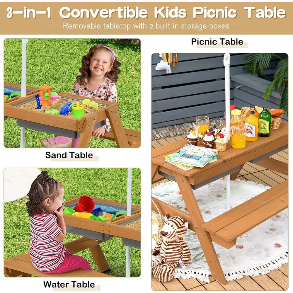 All-in-One Sand & Water Picnic Table with Adjustable Umbrella for Outdoor Play and Patio Use
