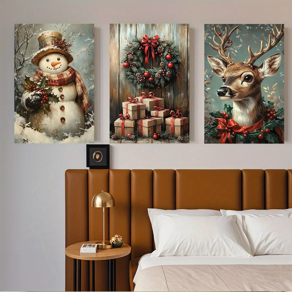 3pcs Eclectic Vintage Christmas Canvas Wall Art