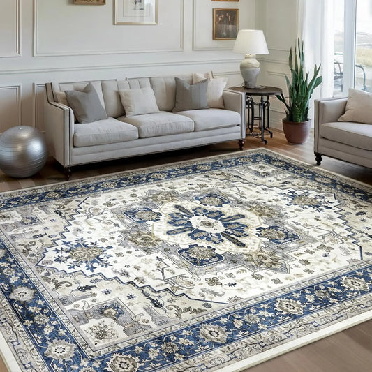 Traditional PersianPattern Carpet Style Floor Mat Blue and White