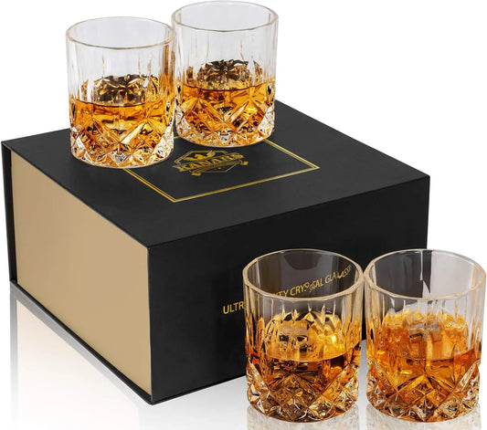 10 Oz Rocks Whiskey Glasses Set of 4 with Luxury Box - Ideal for Scotch, Bourbon, Cocktails - Perfect Men's Gift