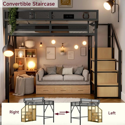 Full Size Loft Bed With Stairs And Storage, Metal Loft Bed Frame WithLarge Under-Bed Space