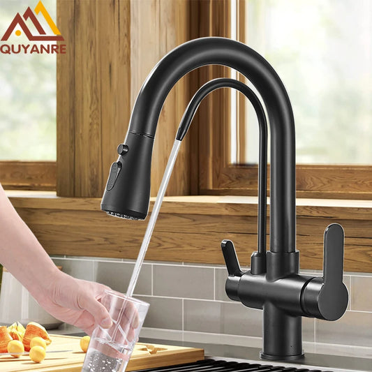 Quyanre Matte Black Filtered Crane For Kitchen Pull Out Spray 360 Rotation Water Sink Mixer Kitchen Faucet