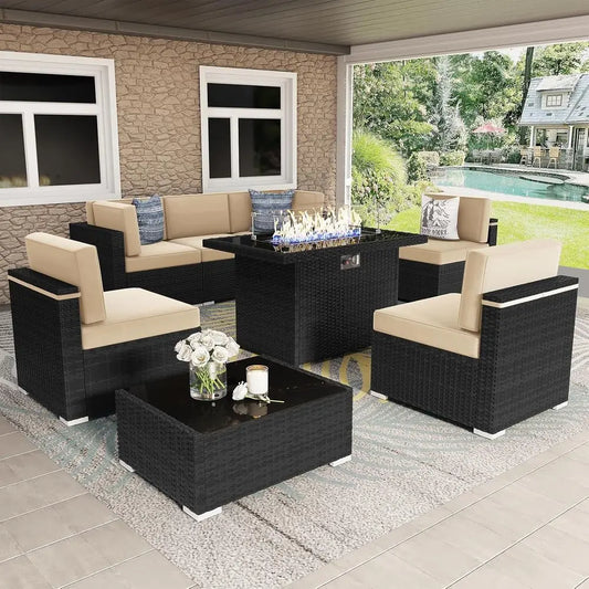 8-Piece Outdoor Wicker Sofa Set with Propane Fire Pit Table