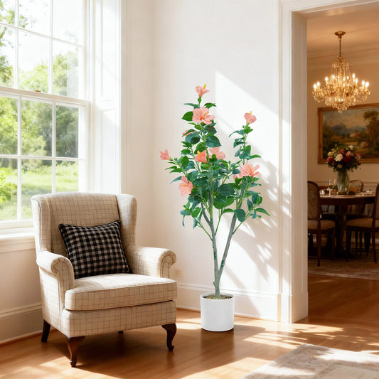 1Pcs  Hibiscus Artificial Tree Faux Tree with Red Hibiscus Flowers  for Front Porch Office Home