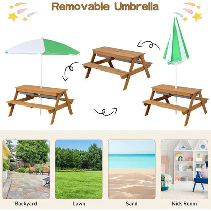 All-in-One Sand & Water Picnic Table with Adjustable Umbrella for Outdoor Play and Patio Use