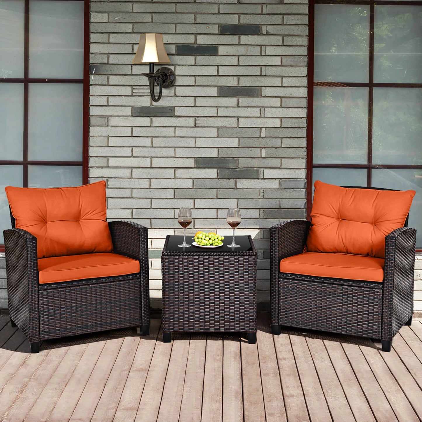 3 PCS Patio Rattan Furniture Set Cushioned  Sofa Orange