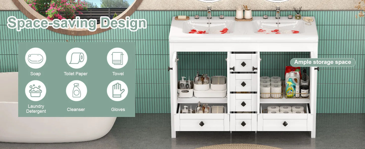 47'' Double-Sink Freestanding Vanity with Drawers & Cabinet White Modern Bathroom Storage Vanity 2 colors White & Black