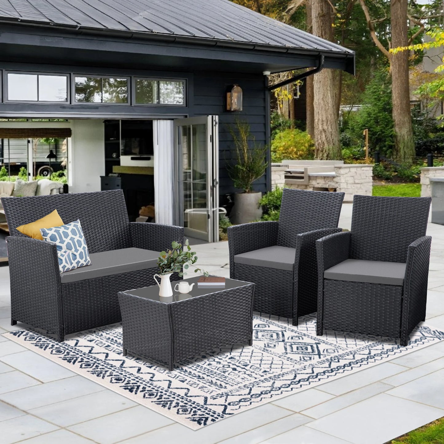 4 Piece Patio Furniture Set, , Rattan Sectional Sofa Couch with Coffee Table & Seat Cushions for