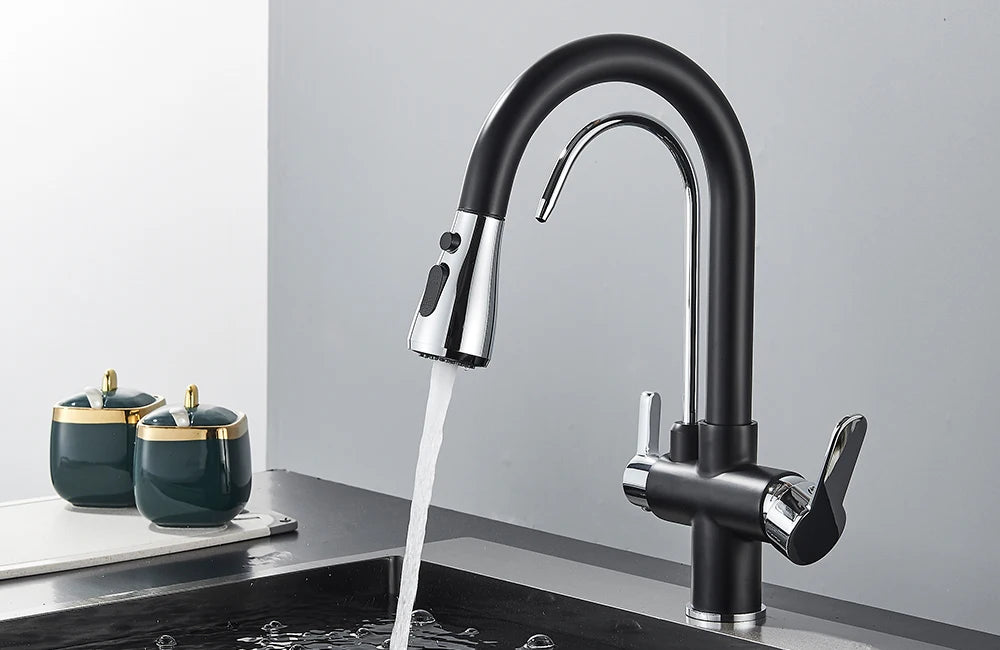 Quyanre Matte Black Filtered Crane For Kitchen Pull Out Spray 360 Rotation Water Sink Mixer Kitchen Faucet