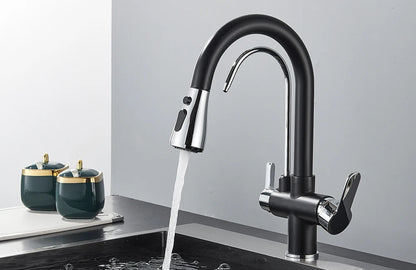 Quyanre Matte Black Filtered Crane For Kitchen Pull Out Spray 360 Rotation Water Sink Mixer Kitchen Faucet