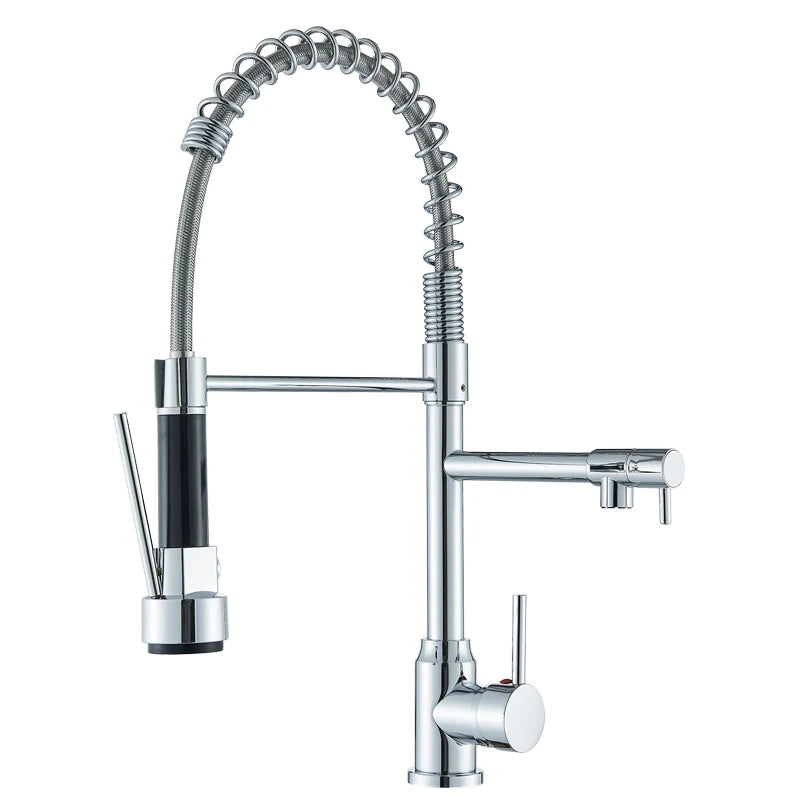 Black Kitchen Faucet With Pull Down Spring Sprayer Deck Mounted Hot and Cold Water Mixer
