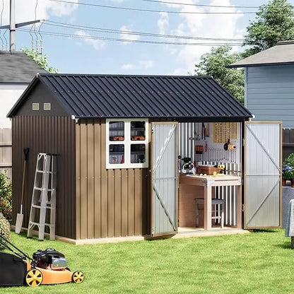 8x10 FT Outdoor Metal Storage Shed, Single Door, 1 Clear Window, Tool Shed for Garden, Patio, Backyard Brown
