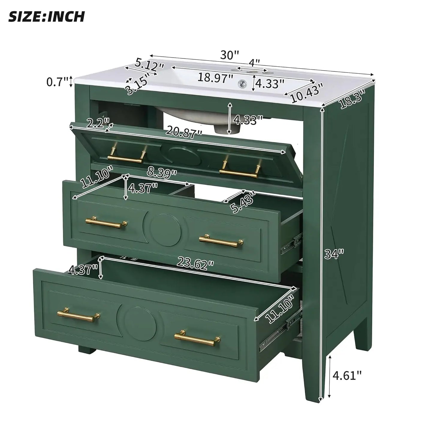 30in Solid Wood Bathroom Vanity Ceramic Sink Storage Cabinet