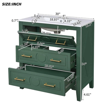 30in Solid Wood Bathroom Vanity Ceramic Sink Storage Cabinet