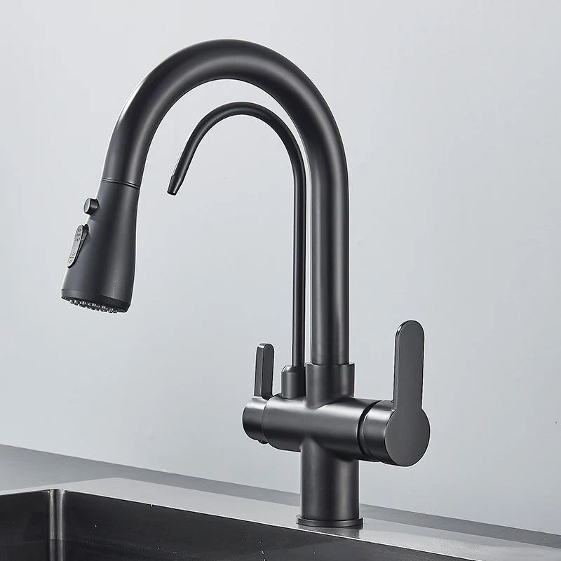 Quyanre Matte Black Filtered Crane For Kitchen Pull Out Spray 360 Rotation Water Sink Mixer Kitchen Faucet