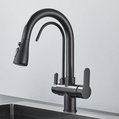 Quyanre Matte Black Filtered Crane For Kitchen Pull Out Spray 360 Rotation Water Sink Mixer Kitchen Faucet