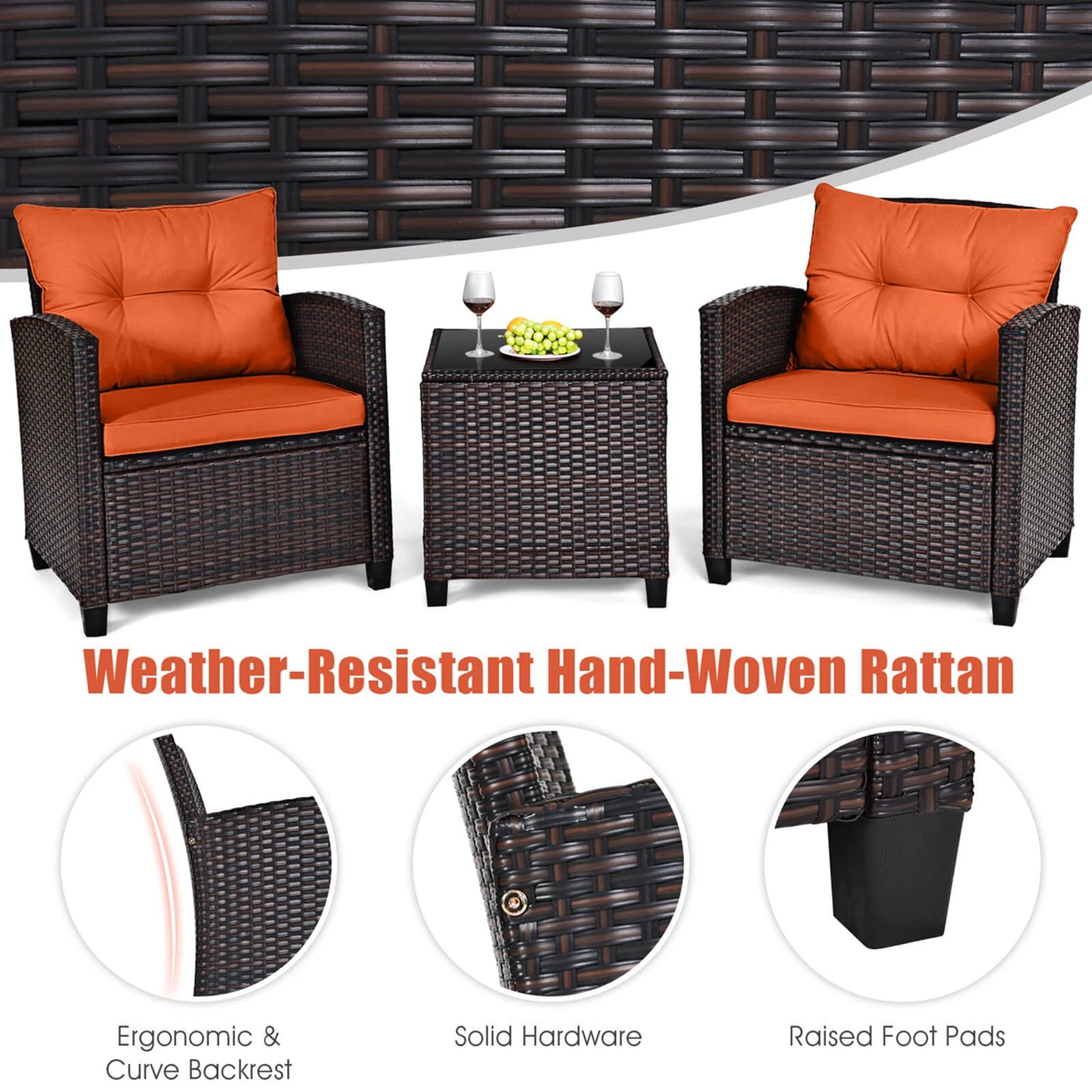 3 PCS Patio Rattan Furniture Set Cushioned  Sofa Orange