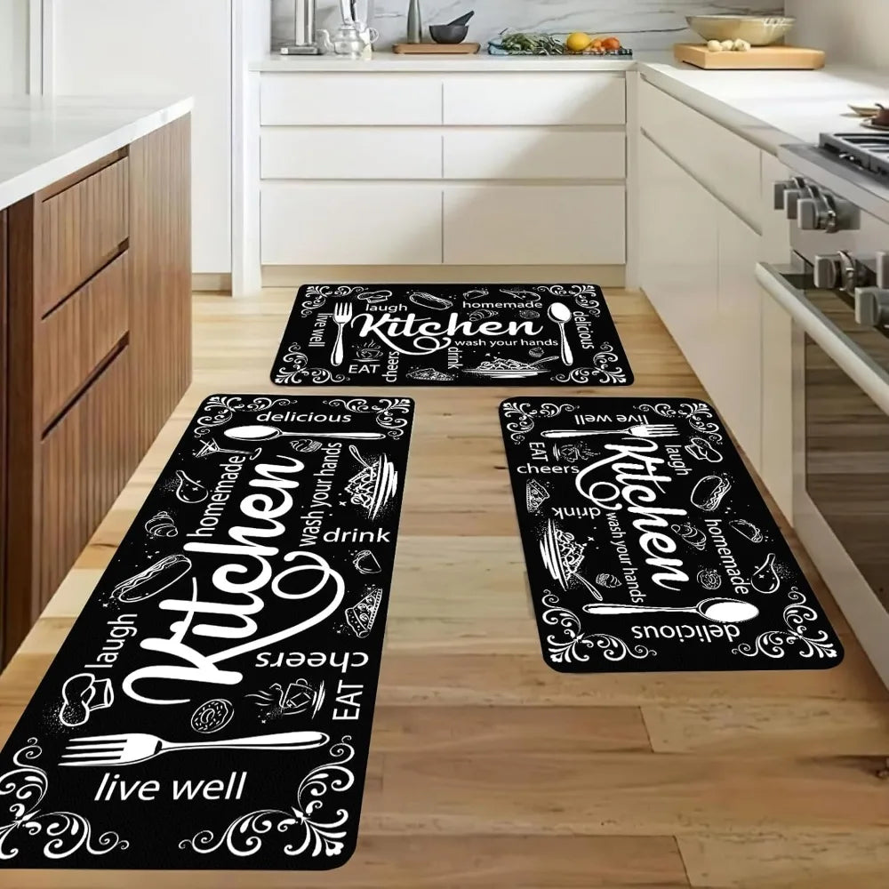 Kitchen Mats for Floor, Sets of 3, Black Farmhouse