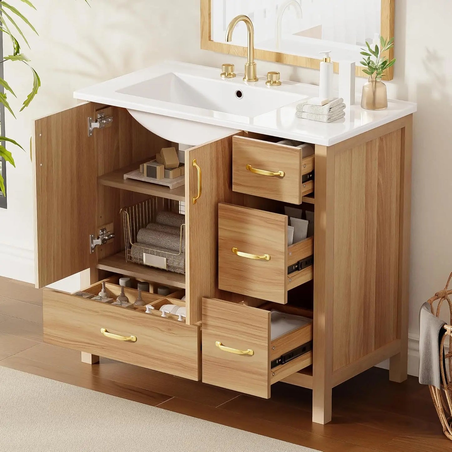 36in Wood Bathroom Vanity with Sink 3 Drawer Storage Adjustable Shelf Natural, Customized,  6 different colors