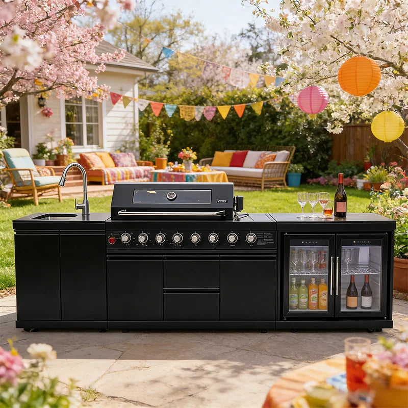 Modern Modular Functional Stainless Steel Outdoor Kitchen Grill Cooktop Sink Fridge LED For Backyard Patio Garden