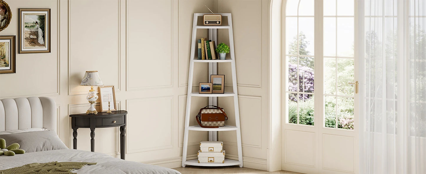 5 Tier Corner Bookshelf and Bookcase, 70 inch Tall Corner Shelves Standing Unit Indoor Plant Stand for Living Room (White)