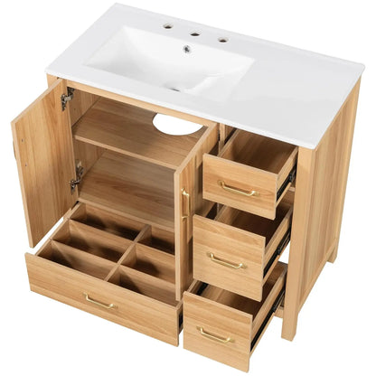 36in Wood Bathroom Vanity with Sink 3 Drawer Storage Adjustable Shelf Natural, Customized,  6 different colors