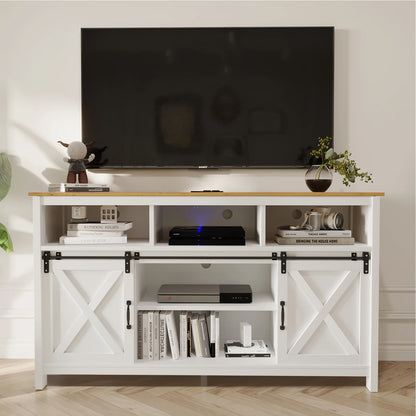 TV Stand Farmhouse Coffee Bar Cabinet Rustic Sliding Barn Door Cabinet with Power Outlet & LED Light