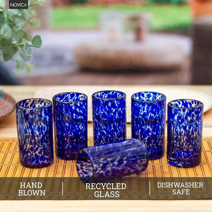 Hand Blown Blue Confetti Recycled Glasses 5 Oz 'Marine' Set Of 6