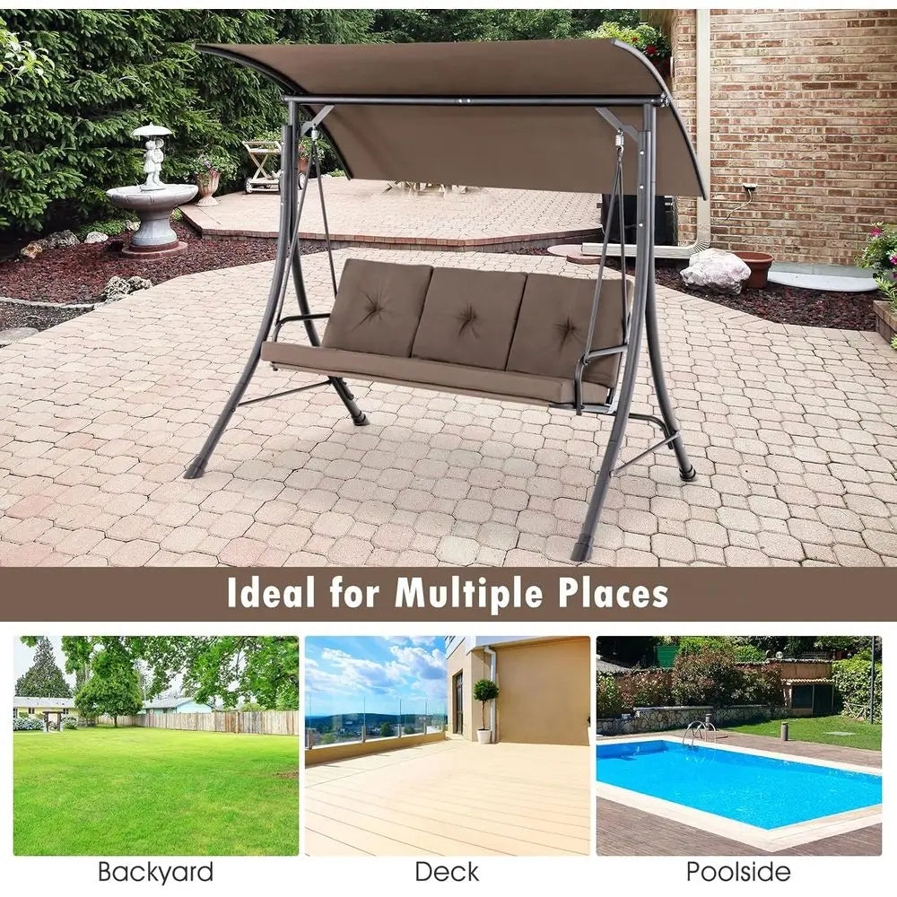 Person Porch Swing, Outdoor Swing with Removable Cushions, Solid Steel Structure, with Adjustable Canopy for Garden,
