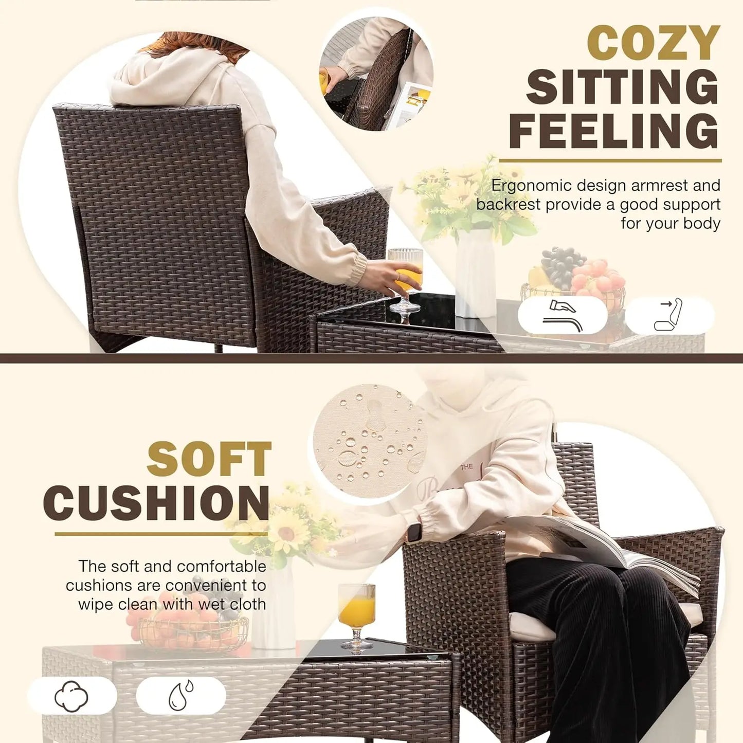 4 Pieces Outdoor Patio Furniture Sets Rattan Chair Wicker Set Backyard Porch